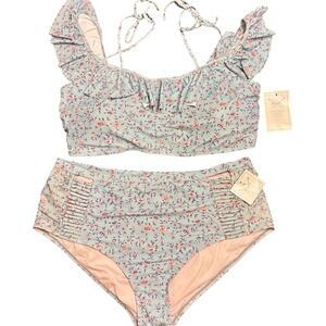 Blu C Bikini Set 2X 3X Blue Floral Ruffle Off Shoulder High Waist Caged Swimsuit